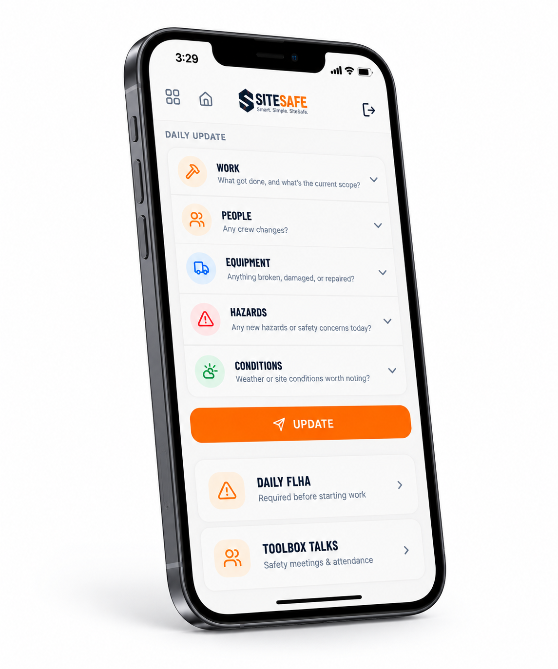 SiteSafe construction app showing the daily update, jobsite conditions, FLHA, and toolbox talk interface on a phone